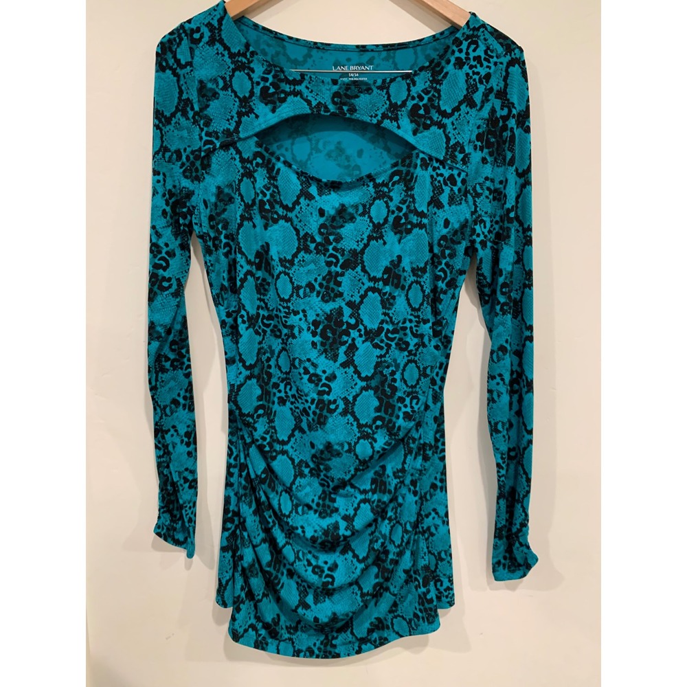 Lane Bryant Teal Snakeskin Cutout Ruched Front Long Sleeve Top Plus Size 14/16 - Picture 2 of 7